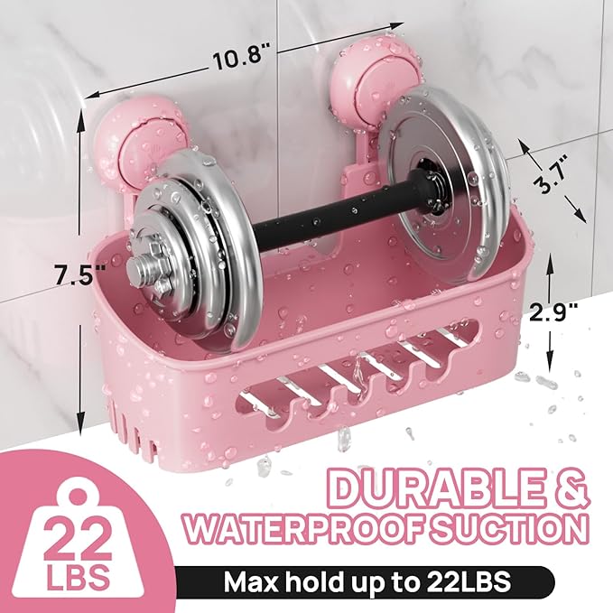 LEVERLOC Shower Caddy Suction Cup 2 Pack, Shower Organizer Removable Bathroom Shelf, Storage for Inside Shower Powerful Suction Max Hold 22lbs Waterproof Holder, Pink