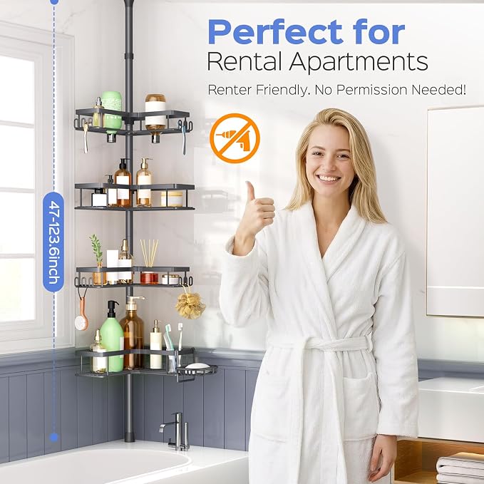 HAMITOR Shower Caddy Tension Pole: 4-Tier Corner Bathroom Organizer Shelf with Soap Holder & Hooks - No-Drill Adjustable Standing Storage Rack for Apartment Renters - 47-123 Inch Black