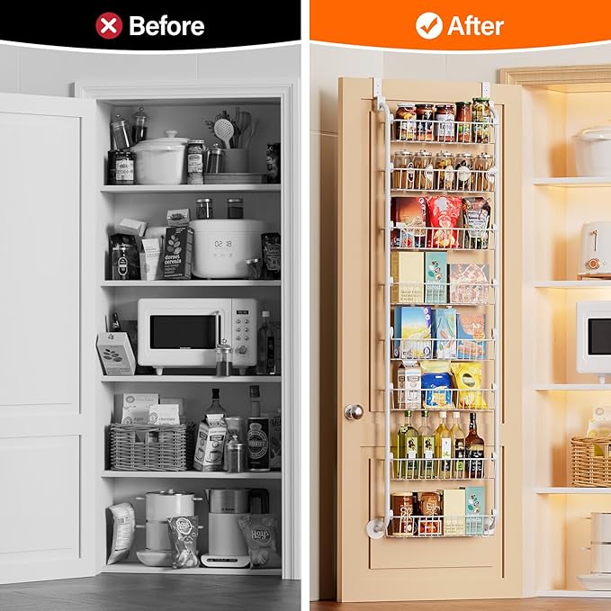 Delamu Over The Door Pantry Organizer, 8-Tier Metal Pantry Door Organization and Storage for Easy Install, Hanging Spice Rack Seasoning Shelves, Door Organizer for Kitchen, 4.65"D x 18"W x 65"H, White