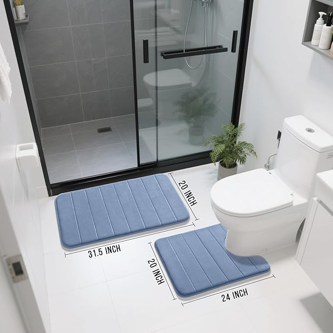 Yimobra Memory Foam Bath Mat Set 2 Piece - Super Soft Absorbent Quick Dry Bathroom Toilet Rugs, Machine Washable Non Slip Floor Carpet for Tub Shower & Single Sink (31.5x20 & 24x20, Denim Blue)