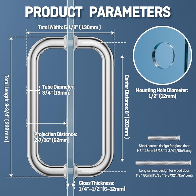 Ranbo Polished Chrome 8" （CTC） Tubular Back-to-Back Shower Door Handle，Heavy-Duty 1.0mm Thick 304 Stainless Steel, for 1/4"- 1/2" Thick Glass and 1-3/8" - 2-1/6" Thick Wooden or Metal Doors