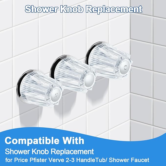 Shower Knobs 3 Piece Replacement and Flange Base, Clear Acrylic Plastic Hot/Cold/Diverter Shower Knob Compatible with Price Pfister Contessa and Windsor Bathtub Shower Faucet Handle