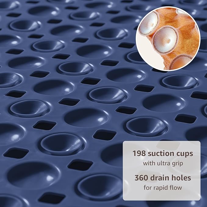 OTHWAY Bath Tub Shower Mat Non Slip, Bathtub Floor Liner Mats for Inside Shower Bathroom, Suction Cups and Drain Holes for Feet Scrubbing, Machine Washable, Soft on Feet, 35x16 Inch, Navy Blue