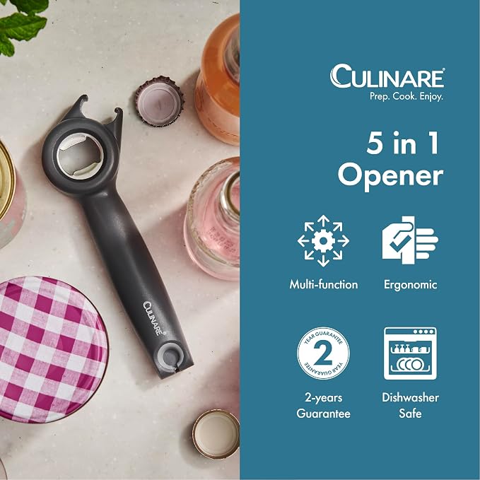 Culinare 5-in-1 Opener – Multi-Function Tool for Opening Jars, Cans, Bottles, Ring Pulls & Twist Caps – Ergonomic Handle for Comfort & Control – Dishwasher Safe, Grey – Ideal for All Kitchen Tasks