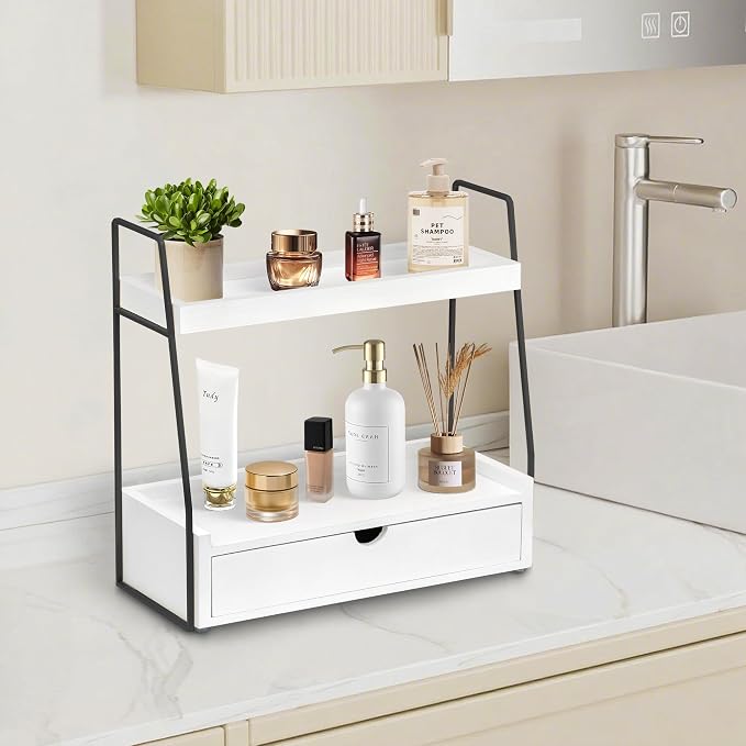 2-Tier Bathroom Organizer Countertop with Drawer, Wood Counter Organizer for Bathroom Decor, Sink Shelf for Vanity Storage, Makeup Tray for Perfume Skincare, Spice Rack Bedroom Kitchen Corner ﻿