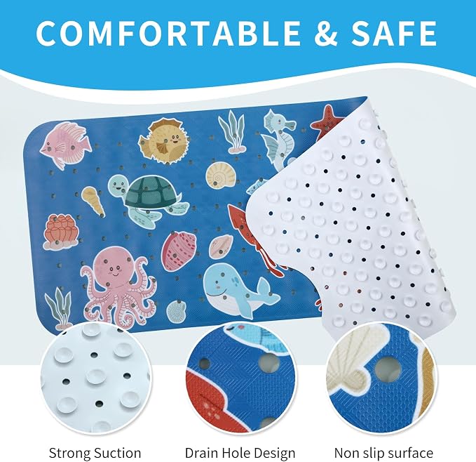 Bath Tub Shower Mat Non Slip Kids Bathtub Mat Anti Slip Baby Bath Mat for Tub 40 x 16 Inch Extra Long Toddler Bath Mat with Suction Cups and Drain Holes for Bathroom Floor,Machine Washable,Octopus