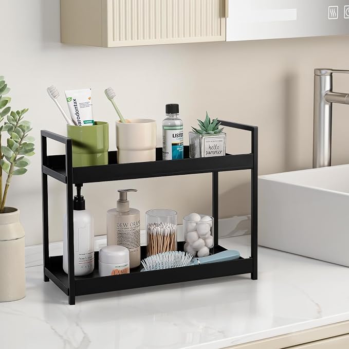 Bathroom Counter Organizer 2 Tier Vanity Storage Countertop Shelf Makeup Organizer Perfume Tray Skincare Holder for Sink, Dresser, Kitchen, Large Black