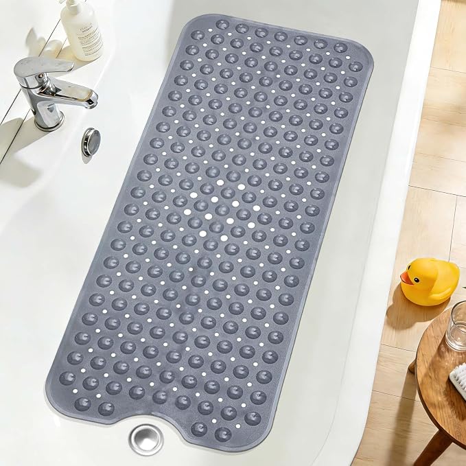 Extra Long Gray Bathtub Mat Non Slip, Soft Bath Mat for Tub 40 x 16 Inch Full Size, Bath Tub Shower Mats for Bathroom Floor with Big Suction Cups and Drain Holes, Easy Washable, BPA Free