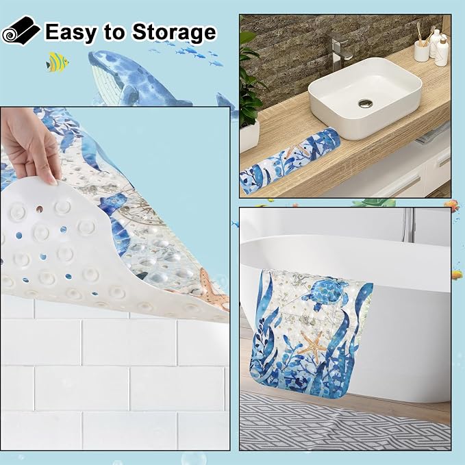 Topotdor Baby Bathtub Mat Non Slip for Kids, 40 X 16 Inch Cute Cartoon Bath Tub Shower Mat Anti Slip with Suction Cups & Drain Holes, Nautical Sea Turtles