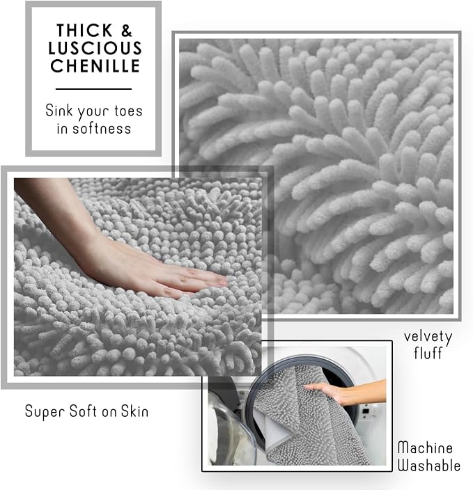 Hearth & Harbor Bathroom Rugs, Chenille Bath Mat - Machine Washable Bath Mats for Bathroom Non-Slip Backing Rubber, Quick Dry Mat - Silver Bath Rug, 17x24-26x44-20x24