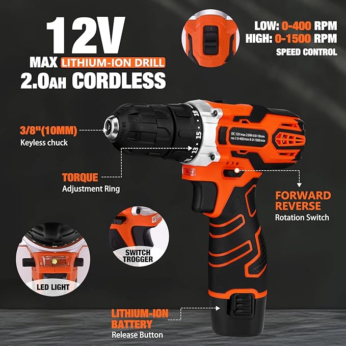 255-Piece Tool Set - Tool Kit with 12V Cordless Drill Driver, Toolbox Storage Case with Drawer, General Household Drill Set for DIY Projects, Home Repairs, Handyman