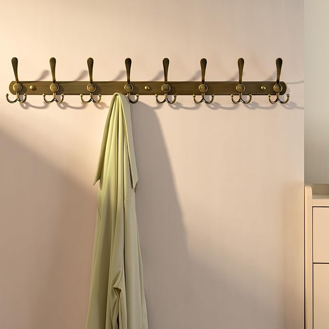Dseap Coat Rack Wall Mount - 29.5” Long 8-Tri-Hooks Heavy Duty Coat Hanger Rail Wall Hooks for Hanging Coats Hats Clothing Clothes Purse Mudroom Entryway, Bronze, Pack of 2