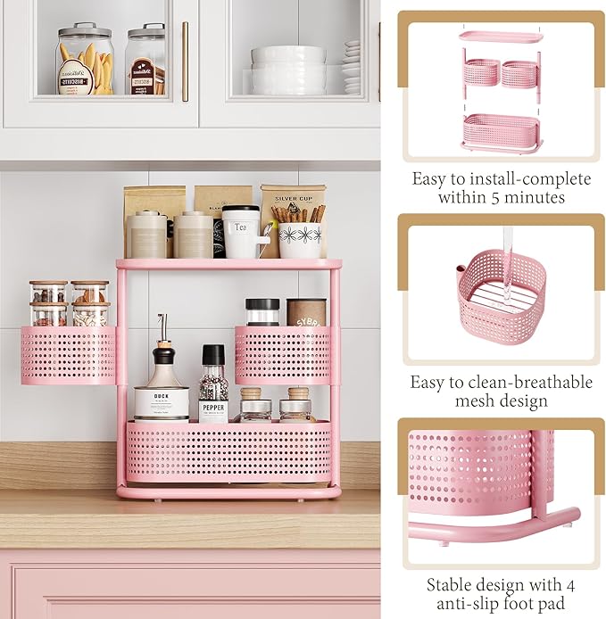 KINGRACK 3 Tier Pink Bathroom Counter Organizer, Rotating Makeup Organizer for Vanity, Perfume & Skincare Standing Shelf, Vanity Tray for Bathroom Countertop Storage, Pink