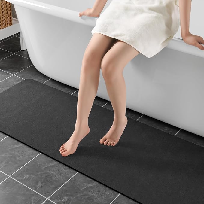 Dark Grey Bathroom Mat Rugs 47x17 Long Diatomaceous Earth Bath Mat Large Quick Dry Bath Mat Non Slip Rubber Backed Super Absorbent Shower Mat, Thin Bathroom Runner Rugs Floor Mat Fit Under Door