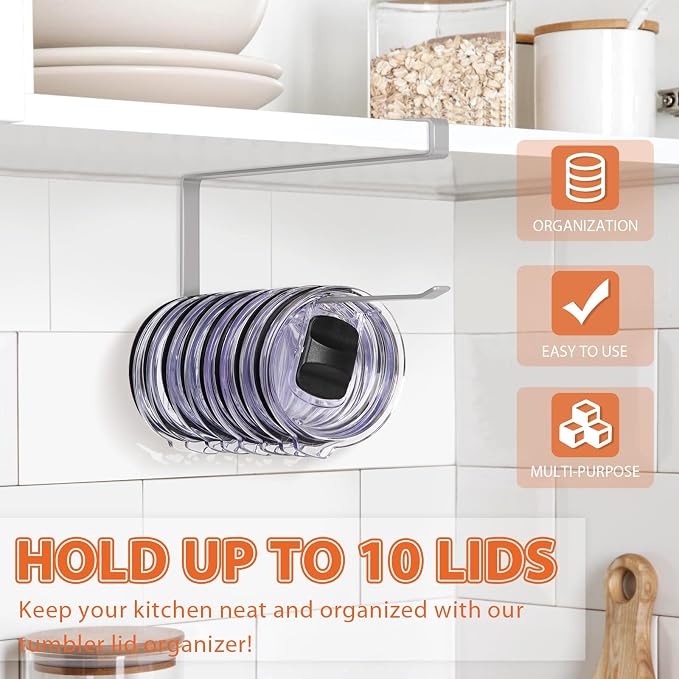 Tumbler Lid Organizer, Horizontal Tumbler Lid Storage Hook Up to 10 Lids, Space Saving Cup Lid Holders Under Cabinet Tumbler Lid Hook for Kitchen Organizer and Storage, Paper Towel Rack Hanger (Gray)