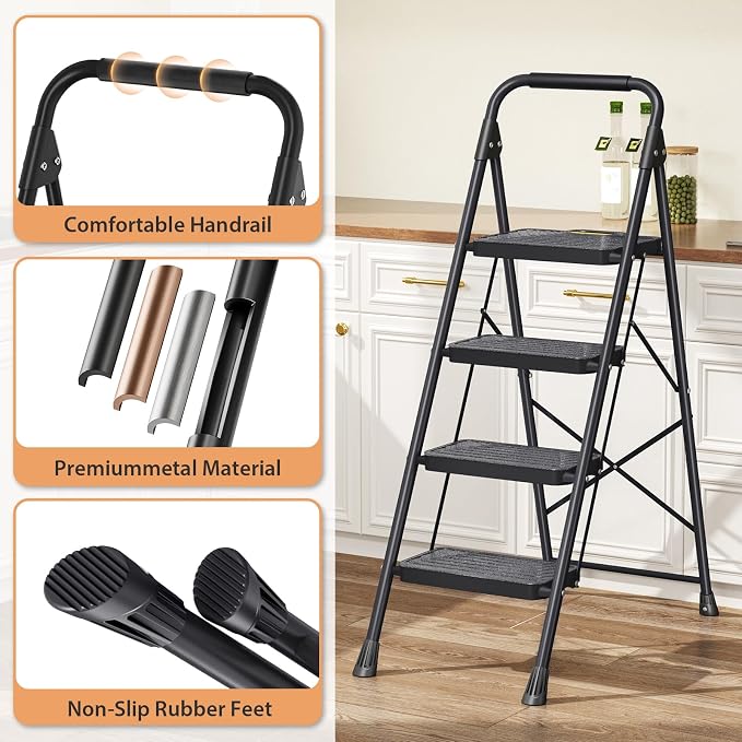 TOOLF 4 Step Ladder, Sturdy Steel Step Stool with Anti-Slip Wide Pedals, Handrail, Safe-Lock Design, Folding Portable Ladder for Multi-Purpose, Home, Kitchen, Pass 800lbs Load Testing, Black