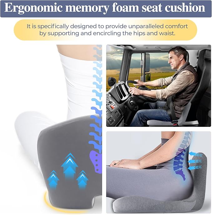 Car Seat Cushion, Memory Foam Driving Cushion with Adjustable Strap, Ergonomic Pad for Car & Semi Truck, Office Chair Cushion for Sciatica & Lower Back Pain Relief, Light Gray