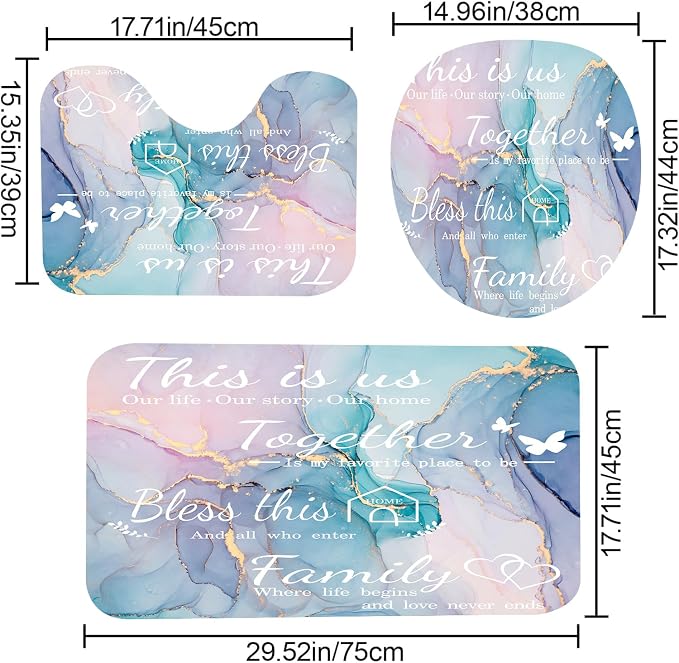 4Pcs Family Marble Shower Curtain Sets with Rugs,Pink Blue Home Inspirational Bathroom Decor Set, Bathroom Sets with Shower Curtain and Rugs, Waterproof Bathroom Shower Curtains, with 12 Hooks