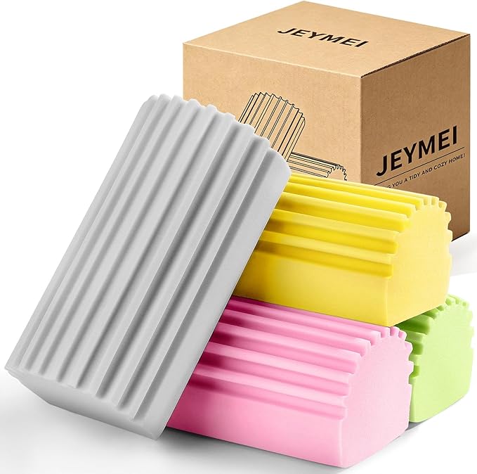 Jeymei 4-Pack Damp Clean Duster Sponge,Damp Dusting Sponge,Duster Baseboard Cleaner Sponge with Ridges,Reusable Wet Duster Sponge,Household Cleaning Sponges for Blinds(Grey,Yellow,Pink,Green)