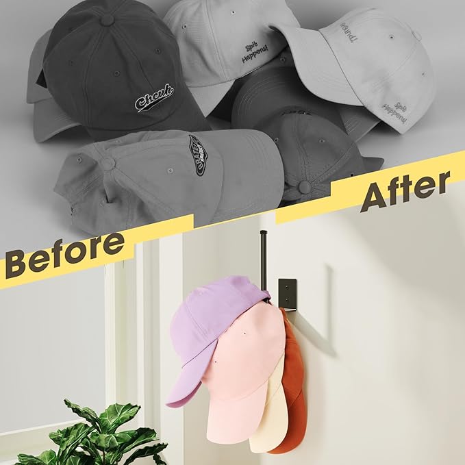 Durmmur 8 Pack Hat Racks for Baseball Caps, Stainless Steel Hat Organizer for Baseball Cap, Hat Holder Storage Organizer, Hat Hanger Strong Adhesive/Wall Drilled for Door, Bedroom, Closet(Black 6 in)