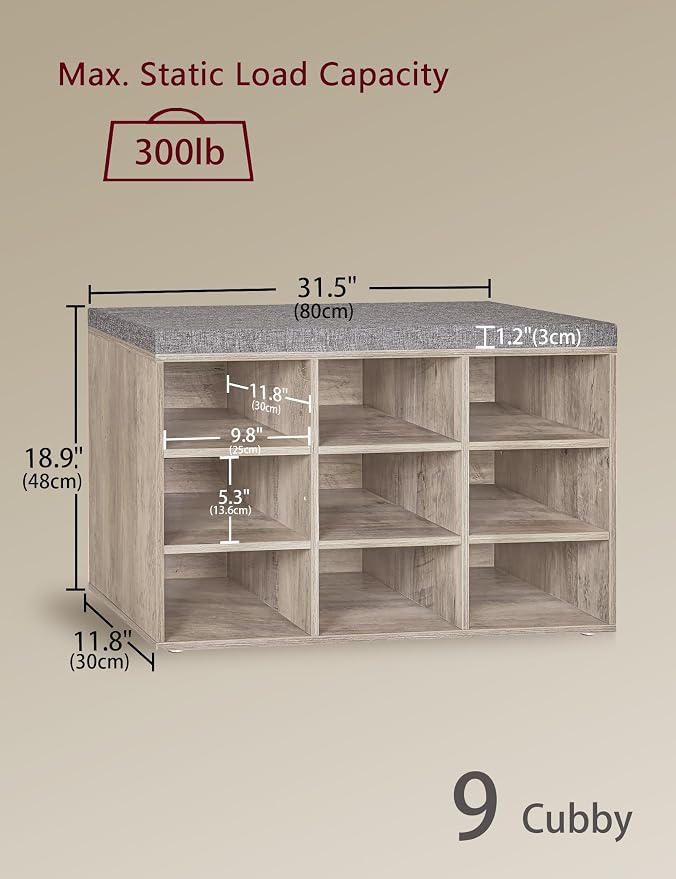 DINZI LVJ Shoe Bench, 9 Cubbies Shoe Organizer for Entryway, Storage Bench with Cushion, Cubby Shoe Rack with Adjustable Shelves for Living Room, Bedroom, Mudroom, Hallway, Greige