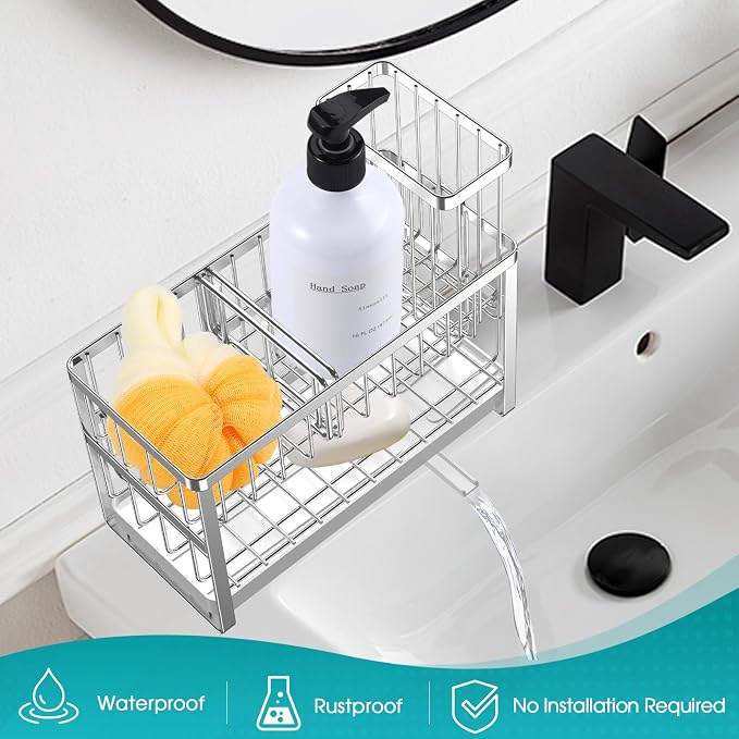 Sinnsally Kitchen Sponge Holder,Sink Caddy Organizer with High Brush Holder,Stainless Steel Sink Box Dish Scrubber Holder,Soap Tray for Kitchen Counter Accessories & Storage Rack (2 Tier - Silver)