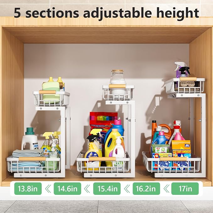 Merrylun Under Sink Organizers,5 Adjustable Height，Metal Pull Out Under Sink Organizers and Storage Shelves with Sliding Drawer, Black, 2 Pack（Hight 13.6″-16.9″）