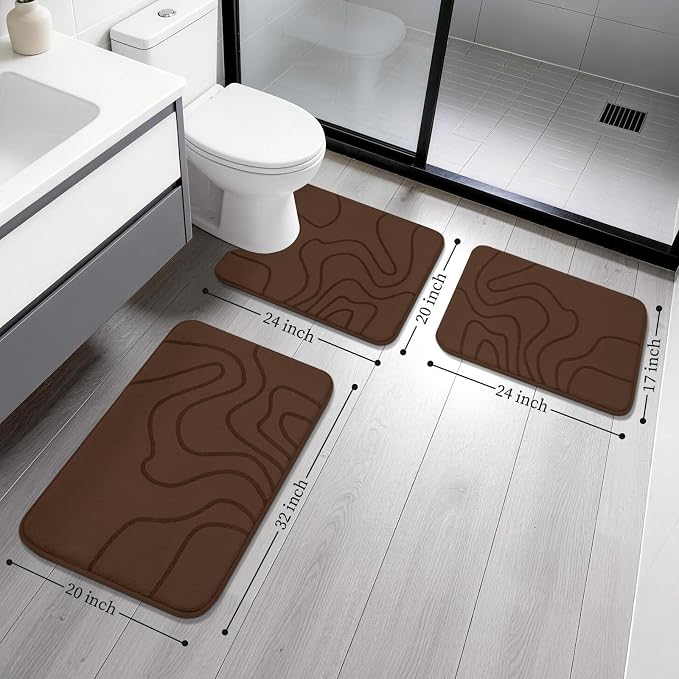 YIHOUSE Memory Foam Bathroom Rugs Sets 3 Piece - Extra Thick Ultra Soft Absorbent Bath Mat Set, Non-Slip Machine Washable Bath Rugs for Bathroom, Tub & Shower, Home Decor Accessories, Coffee