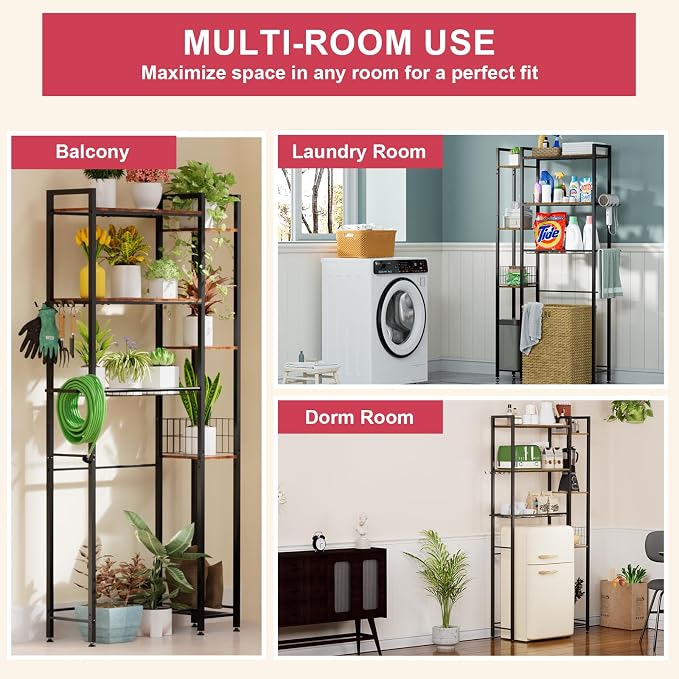 Over The Toilet Storage with Wooden Shelves and Side Rack, 7-Tier Metal Over Toilet Bathroom Organizer Freestanding Storage Shelf for Toilet Paper, Towels, Toiletries, Ideal for Small Bathroom