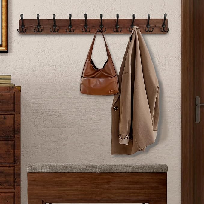 Large Coat Rack Wall Mount 38.6'' Rustic Wood Coat Rack Hook Long Coat Hooks Wall Mount Farmhouse Wall Hooks for Hanging Coat, Bags, Towels