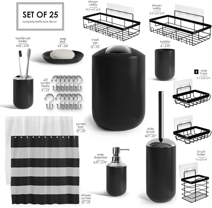 Clara Clark Bathroom Accessories Set - Bathroom Set with Adhesive Corner Shower Caddy Hanging, 25PC Bathroom Accessory Set, Black Shower Curtain Set, Toilet Brush, Trash Can & Soap Dispenser