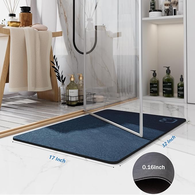 RUERYA Bath Mat Rugs Quick Dry Super Absorbent Diatomaceous Earth Bath Mat Non Slip Rubber Bottom Thin Bathroom Mat Fit Under Door, Floor Rugs in Front of Bathtub,Shower Room,Sink, 17 x 32, Navy