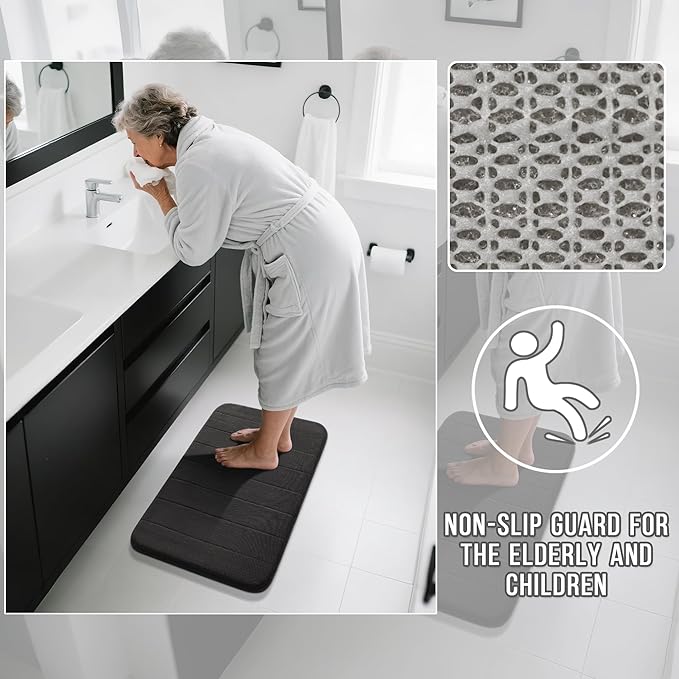 Yimobra Memory Foam Bath Mat Set 2 Piece - Super Soft Absorbent Quick Dry Bathroom Toilet Rugs, Machine Washable Non Slip Floor Carpet for Tub Shower & Single Sink (31.5x20 & 24x20, Black)