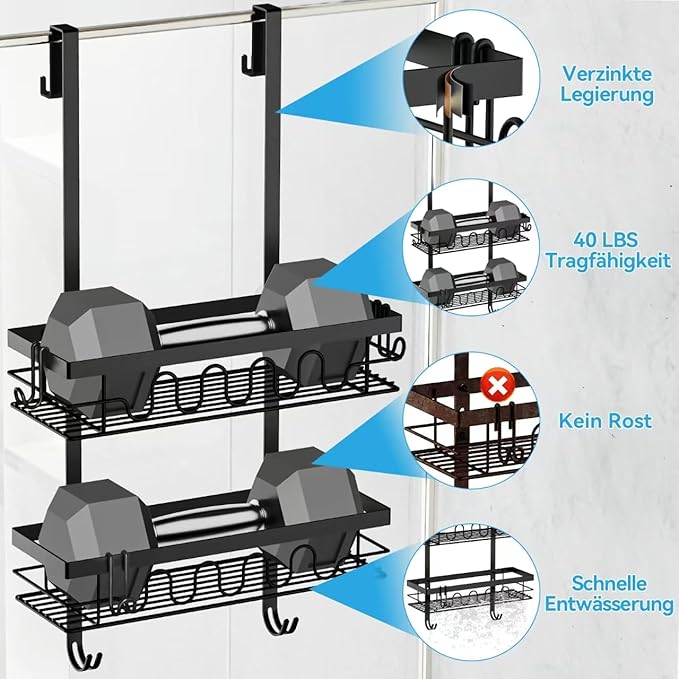 Over the Door Shower Caddy Hanging, Rustproof Hanging Shower Organizer for Glass Door, No Drilling Adjustable Shower Shelves for inside shower with 4+3 Hooks, Suitable for Kitchen/Bathroom/Balcony