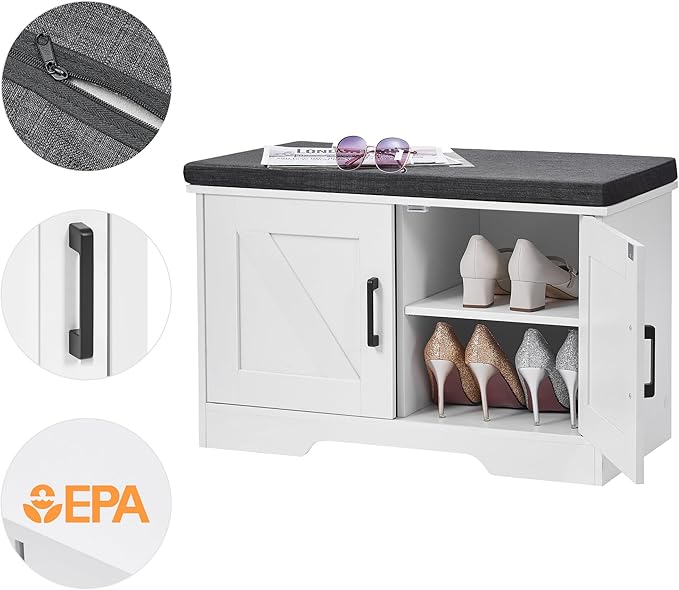 HOMSHO 2-Tier Storage Bench, 27.6" Wide Shoe Bench with Padded Seat Cushion, Entryway Bench with 2 Barn Doors and Adjustable Shelf, White