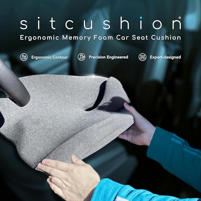 SitCushion Car Seat Cushion for Long Driving – X Large Memory Foam Seat Cushion for Sciatica & Tailbone Pain Relief, Orthopedic Coccyx Cushion with Non-Slip Bottom, Back Pillow for Car, Truck (Gray)