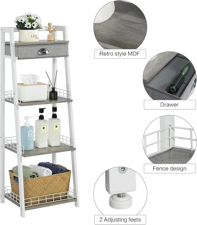 keomaisyto 4-Tier Elegant Ladder Shelf, Bathroom Storage Shelf, Ladder Bookshelf with Drawer, Freestanding Storage Shelves for Bathroom Living Room Study Office, White