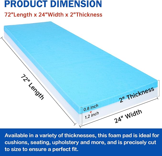 High Density Upholstery Foam Cushion - 2" Thick x 24" x 72", Gel Memory Foam Support Padding for Seat Cushion Replacement, DIY Projects, Sofa Mattress Support