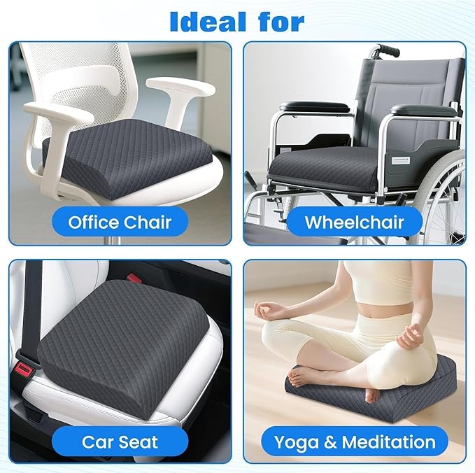 Seat Cushion for Office Chair, Memory Foam Chair Cushions, Car Seat Cushion for Long Sitting, Desk Chair Cushion for Pressure Relief, Non-Slip Bottom, Washable Cover, Large, Grey