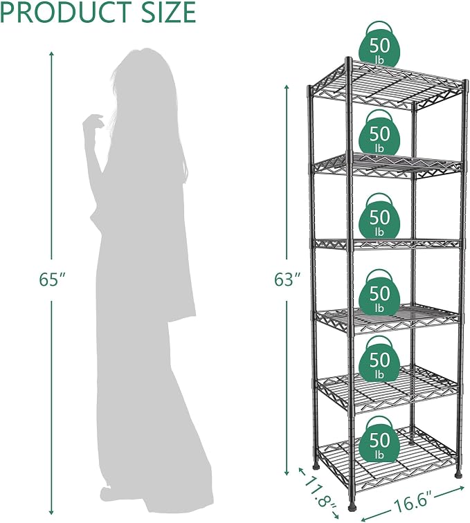 GIOTORENT 6-Tier Storage Shelves Standing Shelving Metal Units, Adjustable Height Wire Shelf Display Rack for Pantry Laundry Bathroom Kitchen 16.6” x 11.8” x 63”, Black