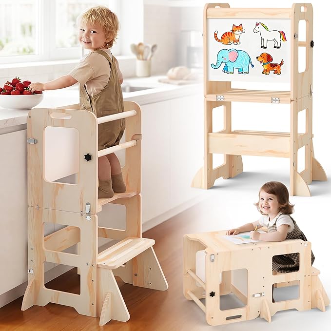 4-in-1 Toddler Kitchen Step Stool, Foldable Learning Standing Tower with Whiteboard, Wooden Kitchen Stool Helper for Kids, 1-3 Year Old Boy Girl Gifts