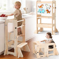 4-in-1 Toddler Kitchen Step Stool, Foldable Learning Standing Tower with Whiteboard, Wooden Kitchen Stool Helper for Kids, 1-3 Year Old Boy Girl Gifts