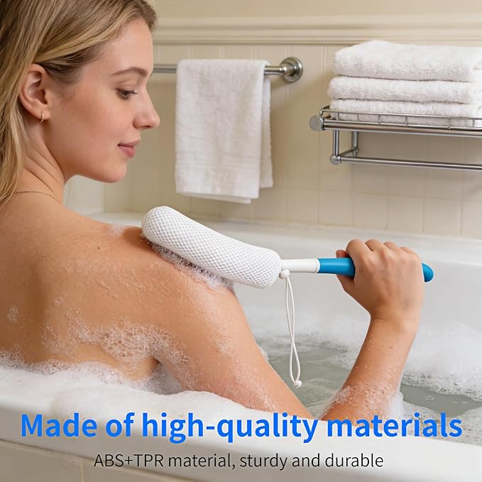 Long Handle Bath Brush for Elderly, Shower Scrubber for Back Exfoliation, Non-Slip Grip for Seniors & Pregnant Women, 15.35 Inch Body Scrubber for Effortless Independence, Blue