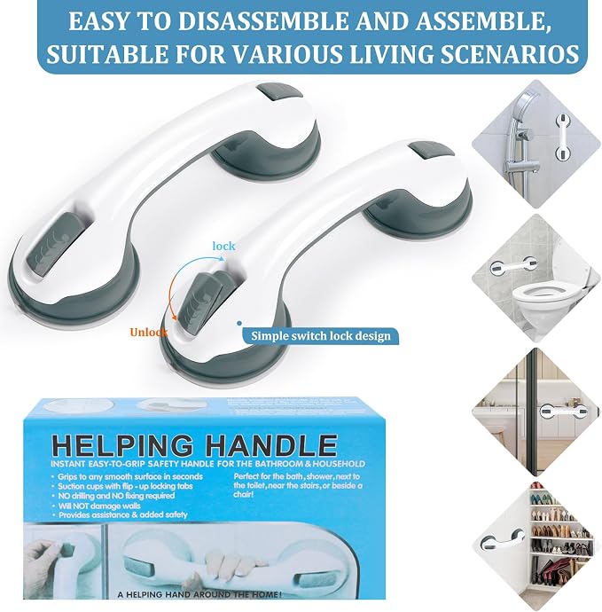 2-Pack Shower Handle Safety Grab Bars with Suction Cups for Bathtubs and Showers - Bathroom Rails Aid for Seniors, Elderly, Handicap - Wall & Bath Tub Toilet Support 12Inch