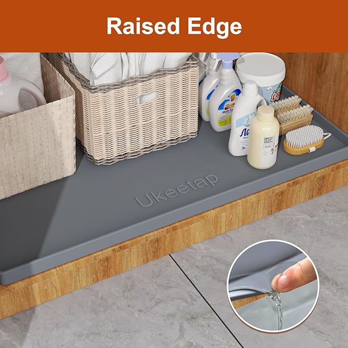 ukeetap Extra Thick Silicone Mat Waterproof with Raised Edge 22" x 19", Under Sink Mat for Kitchen & Bathroom, Kitchen Cabinet Liner, Multi-Purpose for Storage & Protection, Gray