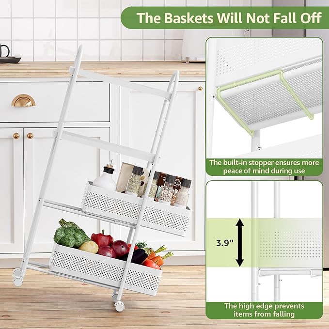 KINGRACK 4-Tier Slim Storage Cart with Pull Out Basket, Rolling Bathroom Organizer Utility, Metal Shelving Unit Slide Out, Lockable Wheels, Easy Assembly for Narrow Place, Kitchen, Laundry Room, White