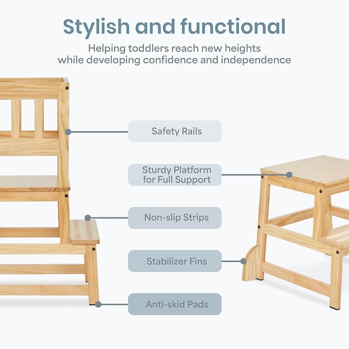Dream On Me 2-in-1 Funtastic Tower and Step Stool, Toddler Step Tower for Learning & Play, Safety Rails, Anti-Skid Pads, Non-Slip Strips & Stabilizer Fins for Safe Counter Activities - Natural