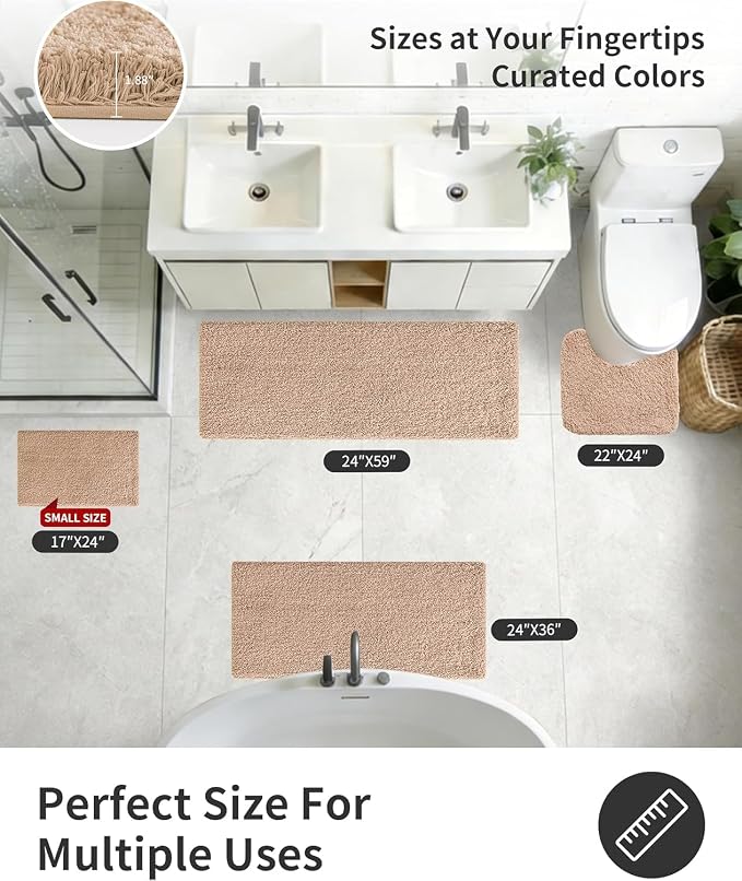 ILANGO Beige Toilet Rugs U Shaped 22" × 24" Non Slip & Super Absorbent Extra Thick Soft, Washable Bath Mats for Bathroom Floor, Plush Shaggy Contour Bath Rugs for Toilet,Dry Quick