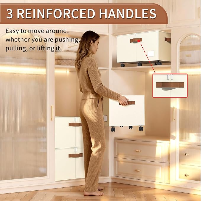 Shoe Organizer for Closet, 2 Pack Shoe Storage Organizer with Wheels and Adjustable Dividers, Stackable Shoe Storage Box with Clear Cover, Foldable Closet Shoe Organizer Fits up to 24-48 Pairs, Beige