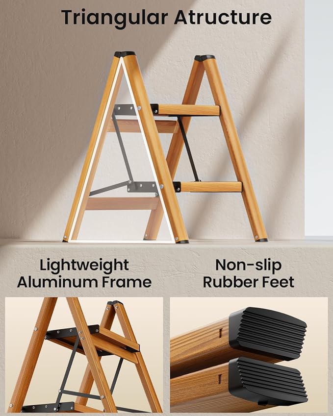 SOLADDER 2 Step Ladder, Folding Step Stool with Anti-Slip Wide Sturdy Pedal, Multi-Use for Home and Kitchen Use, Space Saving-Woodgrain(300lbs Capacity)